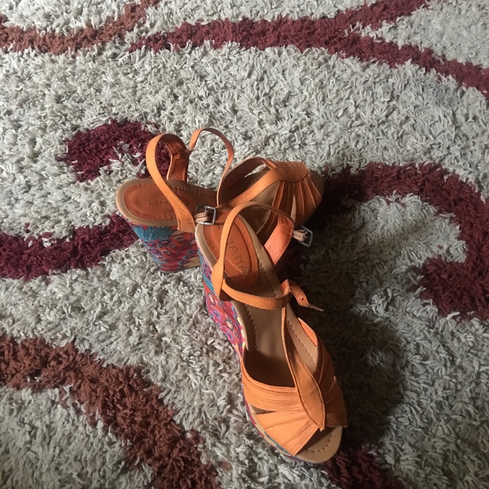 Liliana orange floral wedges!